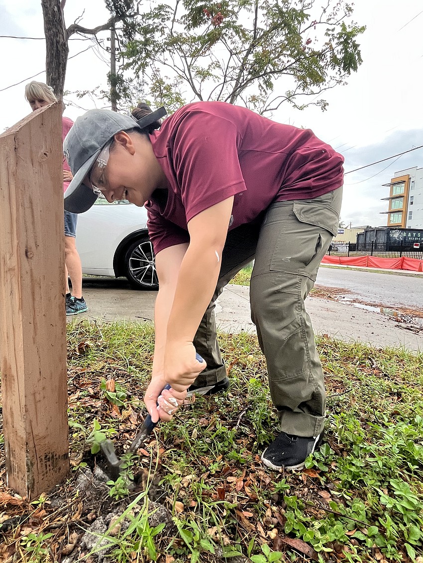 Junior Priscilla Luciano puts all her strength into taking out fence posts.