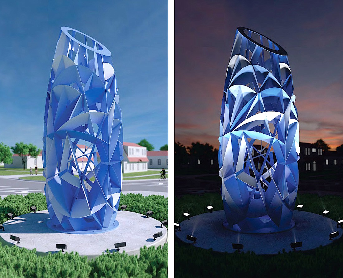 A daytime and nighttime rendering of Poly, which will be installed at the roundabout on U.S. 41 at 14th Street.