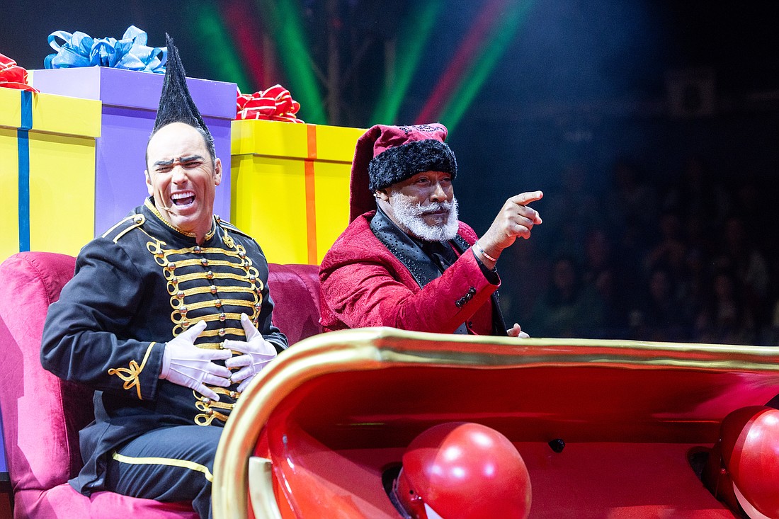 Comedic daredevil Johnny Rockett (left) and Master of Ceremonies Ty McFarlane deliver joy at Wonderland Circus: Illuminate, which runs through Jan. 5 at the Big Top near UTC Mall.