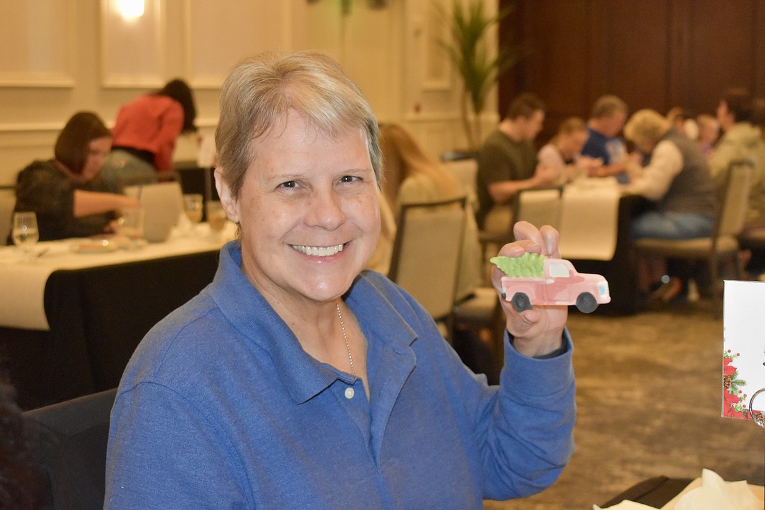 Lakewood Ranch's Pam Hazelwood shows off her ornament in progress.