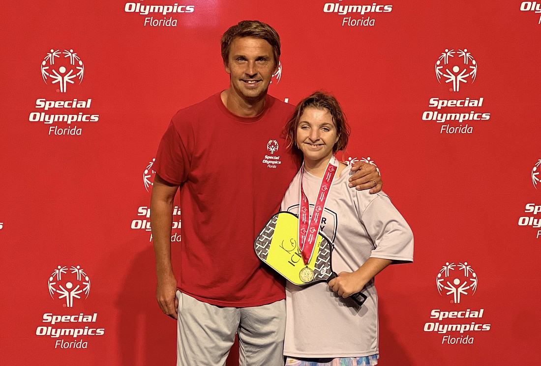 Michael Ouvarov and Iskra Ouvarov after Iskra won the Level 2 Pickleball Singles at the Special Olympics Florida State Championships. Courtesy photo