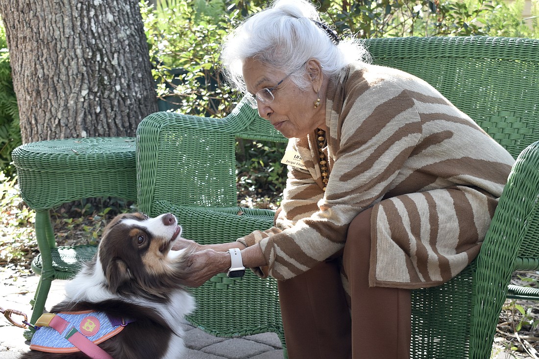 Mary Lou Davidson's dog Lyra is blessed by Prayer Chaplain Jacqueline Fitzgerald.