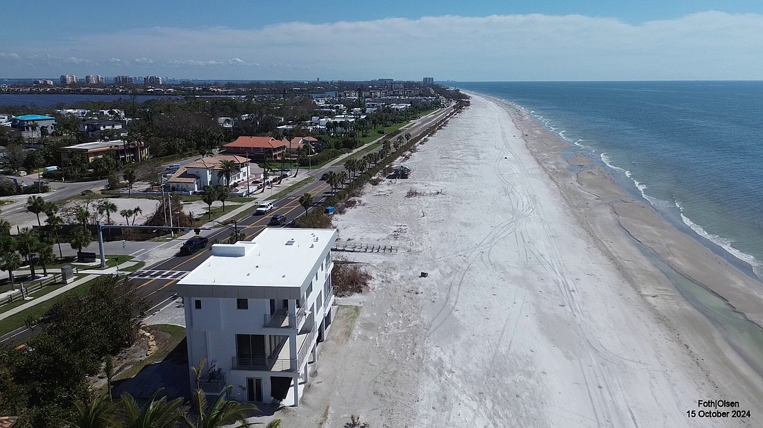 An aerial picture of the beach near Bayfront Park in October 2024 shows how storm surge washed over the beach and impacted dune height and vegetation.