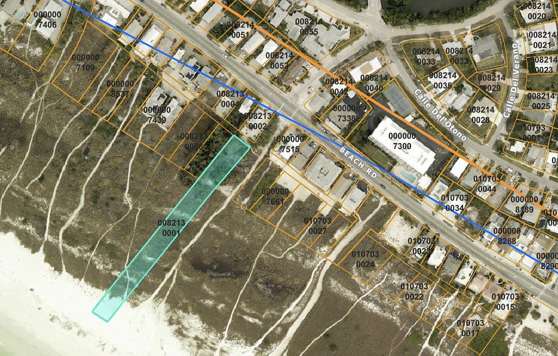 Sarasota County Commission has denied a coastal setback variance for the lot outlined in green on Siesta Beach.