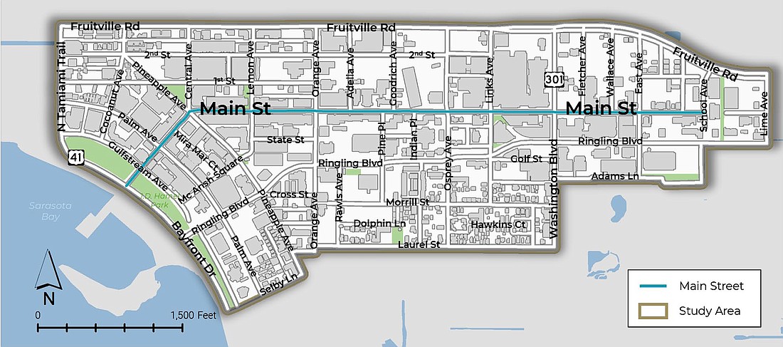 The study area for the Main Street Complete Streets project.