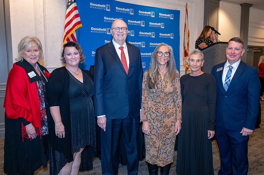 Goodwill Manasota Community Ambassador honorees: Meals On Wheels Plus of President and CEO Manatee Maribeth Phillips, Community Partner of the Year; Sherry Hendrickson, winner of the Robert W. Rosinsky Achievement Award for outstanding Goodwill team member; Cliff Walters, Community Leader of the Year; Janine Lutz, Veteran Advocate of the Year; All Faiths Food Bank President and CEO Nelle Miller, Community Partner of the Year; Don Githens, president and CEO of Goodwill Manasota