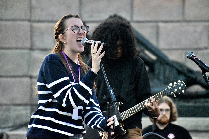 Booker High School sophomore Piper Freeman offers a vocal performance alongside Arjan Sandhu on guitar, with the band Category 5.