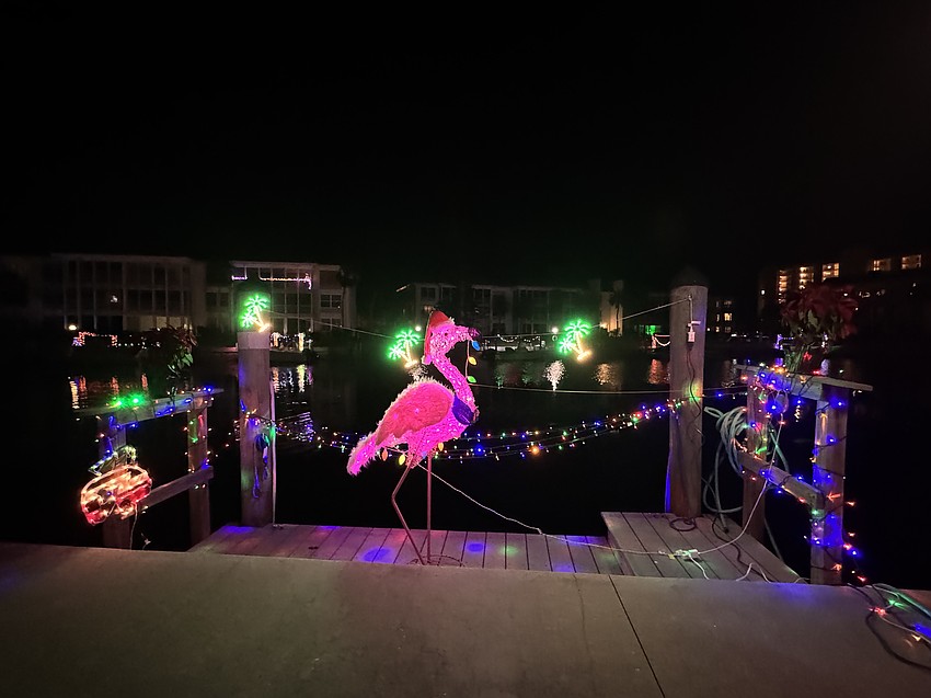 A flamingo-themed dock at the Lighting of the docks.