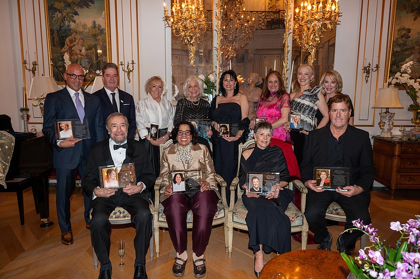 2024 Women in Philanthropy Inaugural Honoree Award recipients Andrew Economos for Judith Economos, Marie Johnson Colbert, Mary Kay Hensen,  David Peterson receiving for Lee Peterson, Bill Villafranco, trustee for Virginia Toulmin Foundation, Jeffrey Peterson for Lee Peterson, Sherry Koski, Graci McGillicuddy, Nikki Sedacca, Flora Major, Ariane Dart and Teri Hansen