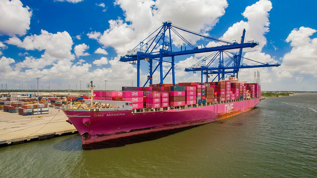 The Ocean Network Express ship One Modern visits JaxPort in June. The ship visits Asian ports moving cargo that could be subject to tariffs planned by President-elect Donald Trump.