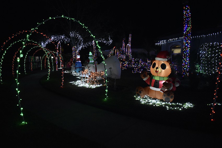 The yard was filled with lights and inflatables at 5635 Eastwind Drive in Three Oaks.