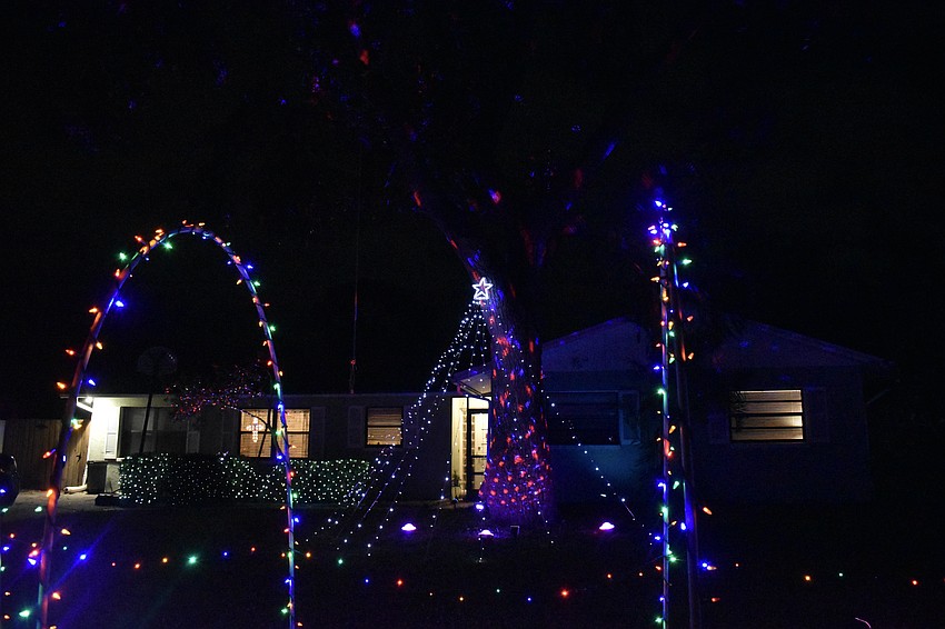 Lights dance across a tree at 3720 Lakewood Drive in Colonial Oaks.