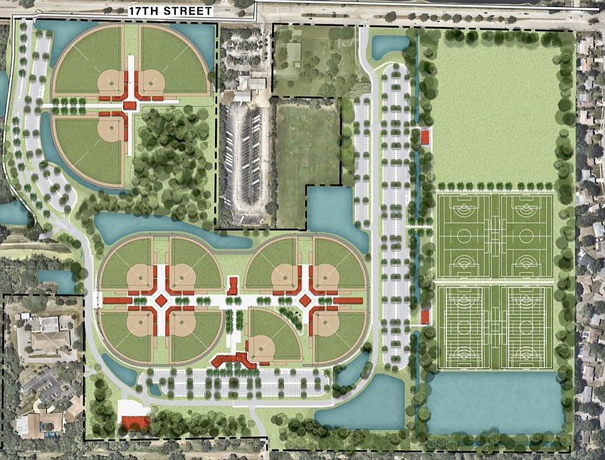 The overall plan for Sarasota County's 17th Street Park Phase 1. The green rectangle in the upper right will remain open space for now, but will host additional multi-purpose fields in future phases.