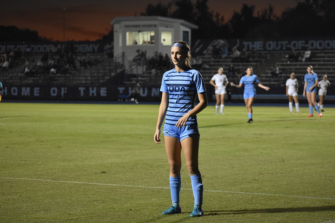 Out-of-Door Academy sophomore Maggie Yull scored once in regulation and in penalty kicks to help the Thunder capture the 1A District 10 title over Bradenton Christian Jan. 28. Here, she prepares to receive a corner kick against Braden River High on Dec. 5.
