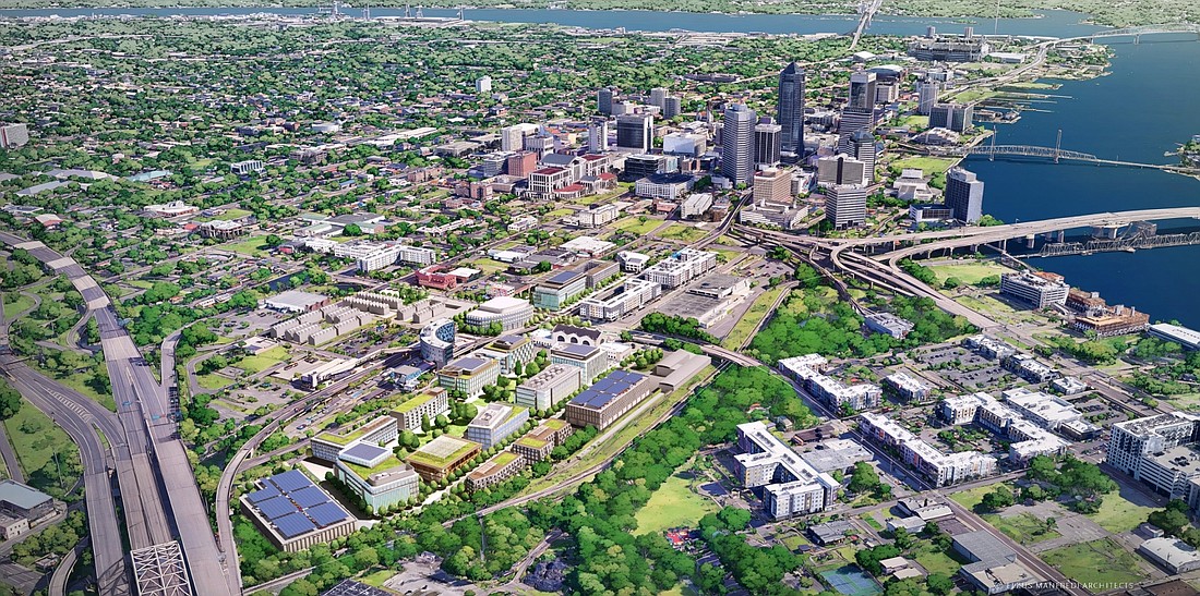 An aerial rendering of the University of Florida graduate campus Downtown in LaVilla. The campus is planned surrounding the Prime F. Osborn III Convention Center. It also will include the Florida Semiconductor Institute. The first classes are planned to start by the fall of 2026.