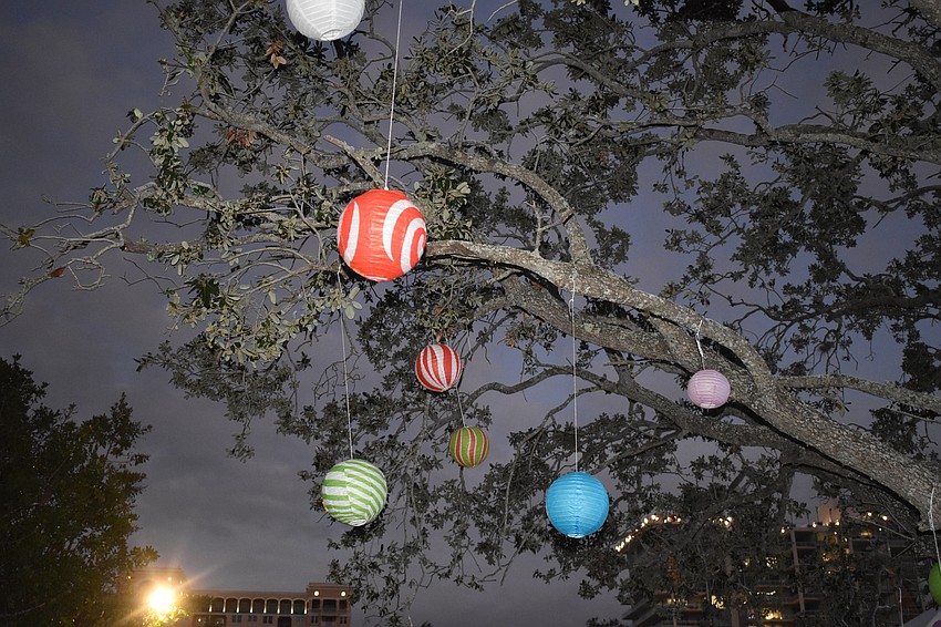 Ornaments decorate a tree at The Bay.