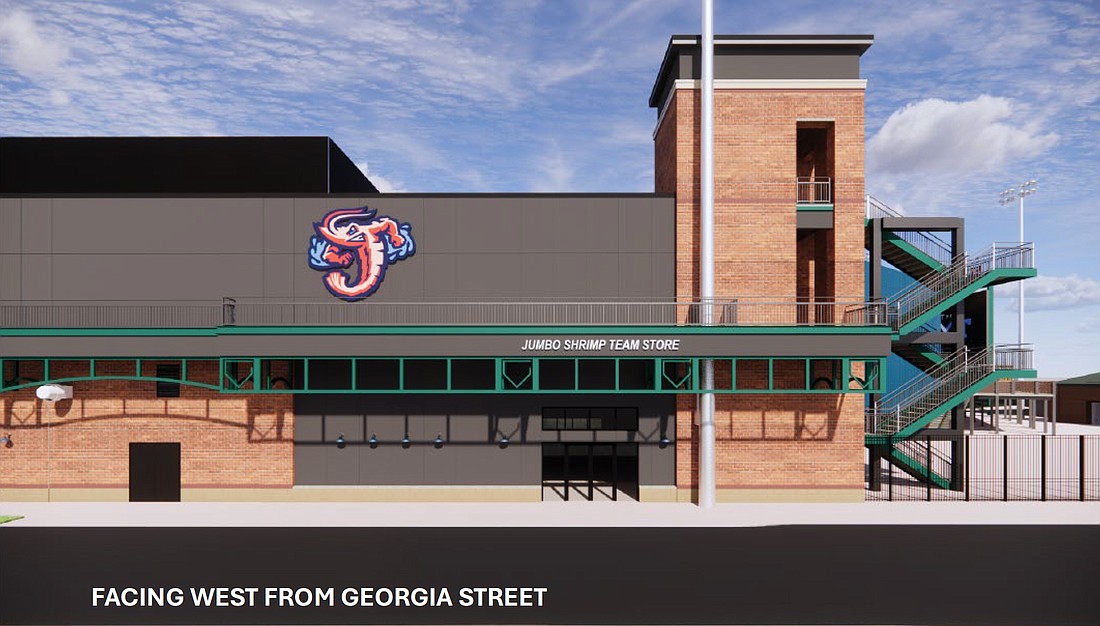 The Jacksonville Jumbo Shrimp team merchandise store facing west from Georgia Street.