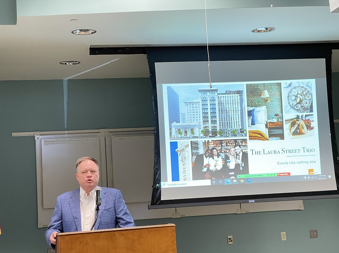 Developer Steve Atkins has been working for years on a plan to revitalize the historic Laura Street Trio Downtown as a hotel, restaurant and apartments. Those efforts have failed to launch.