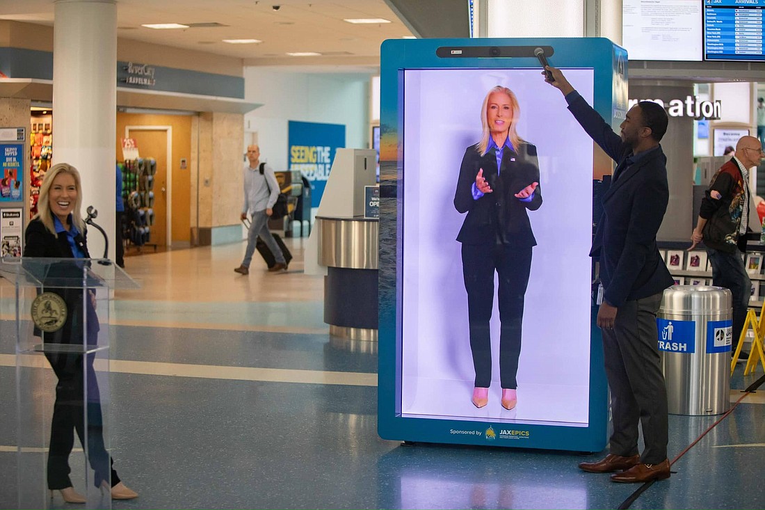 Mayor Donna Deegan at the Dec. 19 unveiling of the technology installation at Jacksonville International Airport featuring a realistic, 3D “hologram” with a welcoming message from Deegan for travelers.