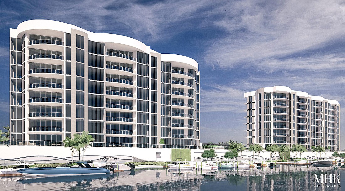 A rendering by MHK Architecture of Amara from Sarasota Bay at the east side of Golden Gate Point.