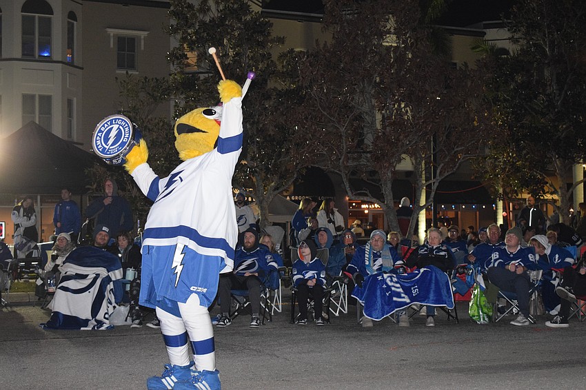 ThunderBug amps up the crowd just before the first puck drop between the Lightning and Devils at a watch party held on Lakewood Ranch Main Street on Saturday, Jan. 11.