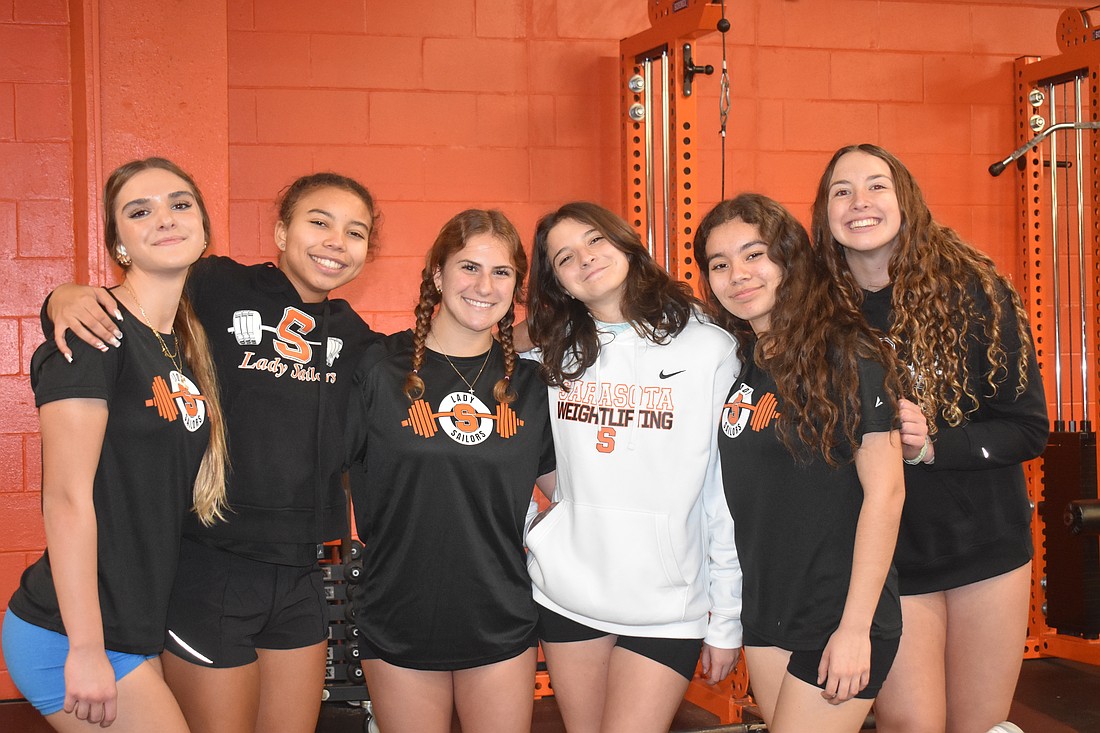 From left to right: sophomores Vanessa Vegh, Jasmine France, Isla Procopio, Madison Galvan, Itzel Padilla-Chavez and Annabelle Hill are members of the Lady Sailors weightlifting program.