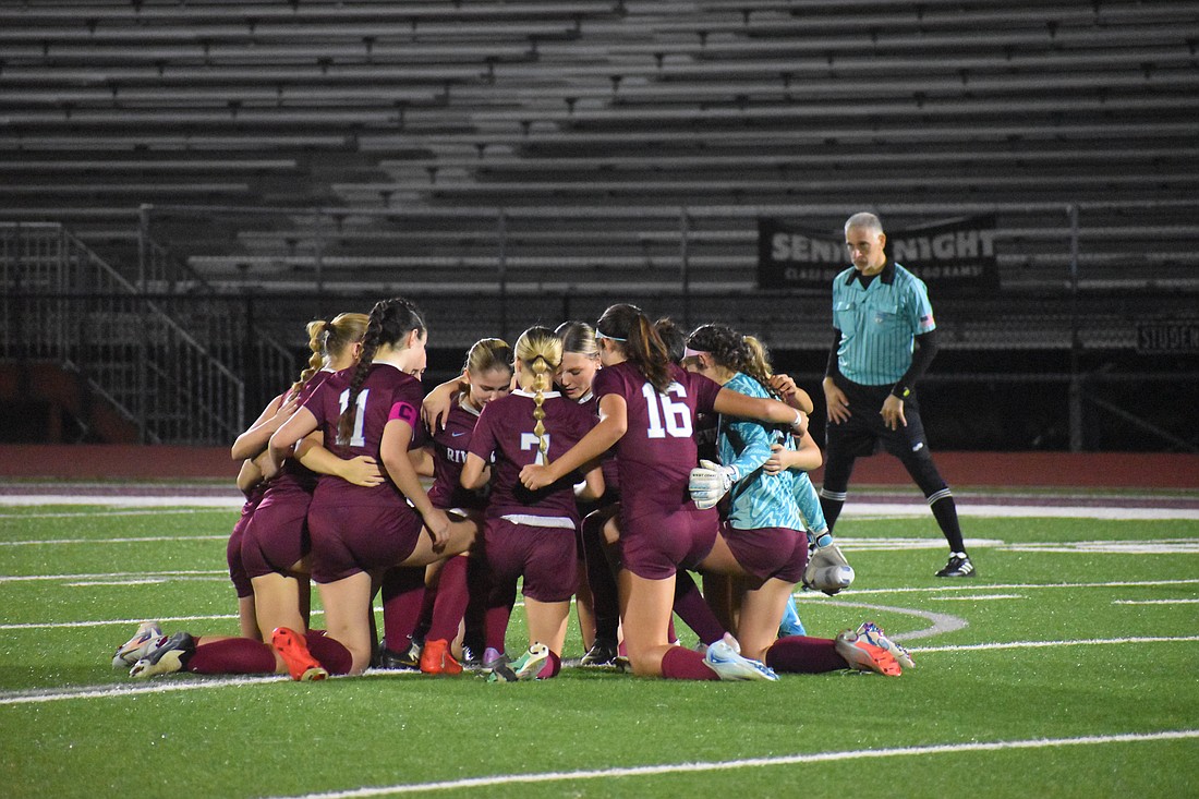 The Riverview High girls soccer team gathers at midfield before its home match against Lemon Bay on Jan. 10.