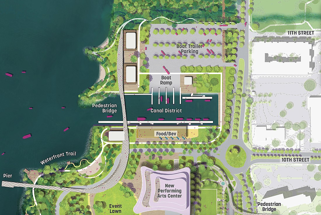 Site Plan for the Canal District in The Bay Park. The shown site of the performing arts center, not part of the Bay Park Conservancy's purview, has been moved to along U.S. 41 and crossing the canal.