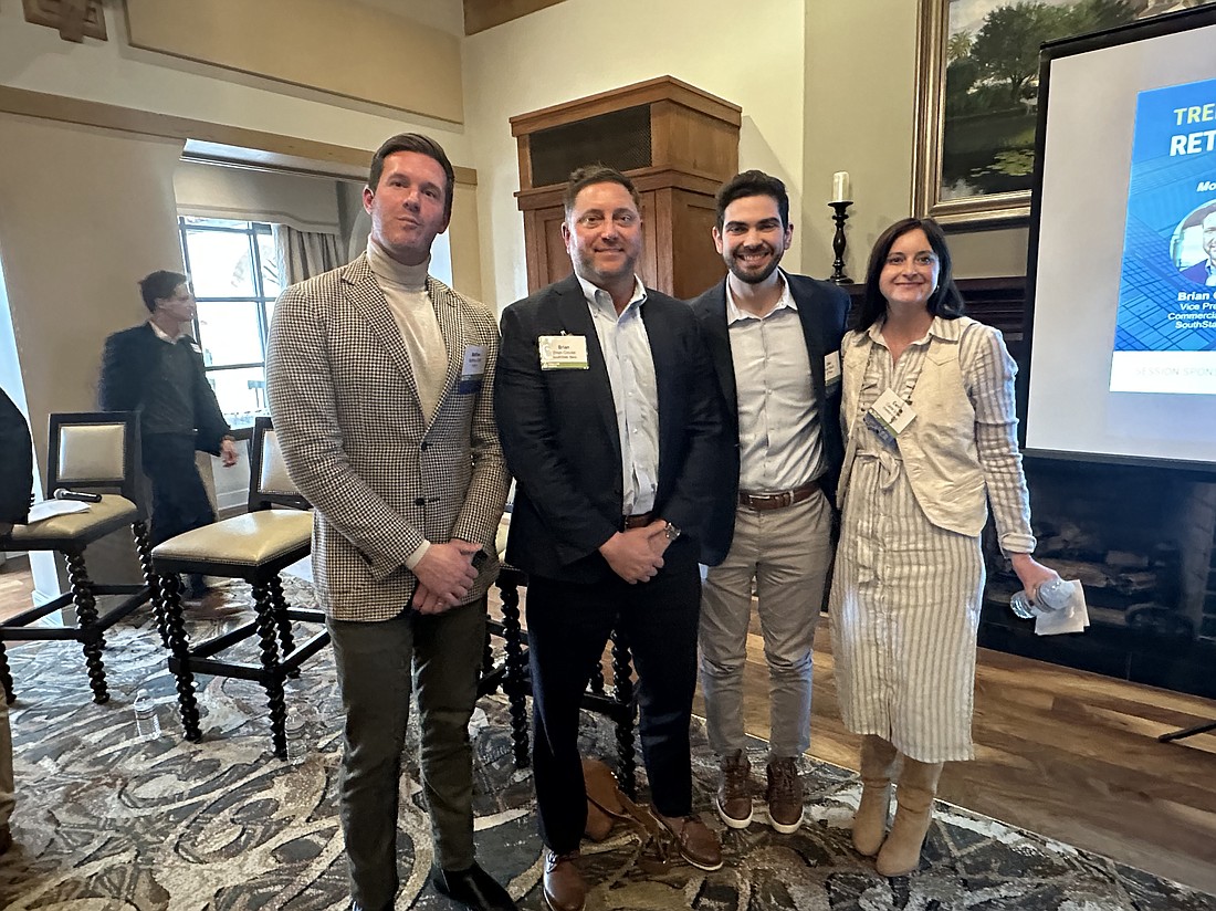 From left, Colliers Senior Director Matthew Clark, SouthState Bank Vice President Brian Crooke, Of Place Vice President Jake Myatt and Franklin Street Senior Vice President Carrie Smith after the “Retail in Motion: Insights & Trends” panel at the 2025 Trends in Real Estate program by ULI North Florida.