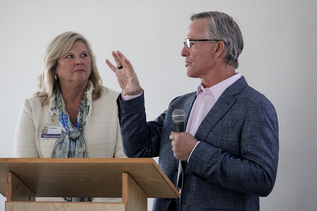 Dr. Dan Deems, right, and Tidewell Foundation President Delesa Morris speak to the benefits of balance training and other longevity practices.