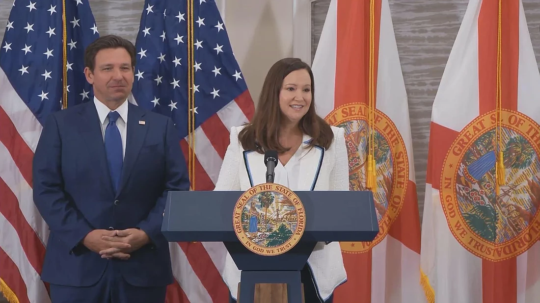 Ashley Moody with Gov. Ron DeSantis at an Orlando press conference Jan. 18. Photo by Tom Urban, News Service of Florida