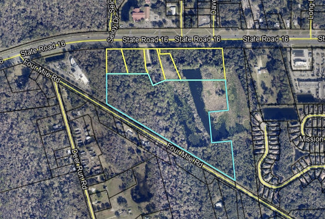 The 32.176-acre site in St. Augustine that Gatlin Development Co. bought and will be used for a multifamily development is outlined in yellow and blue.