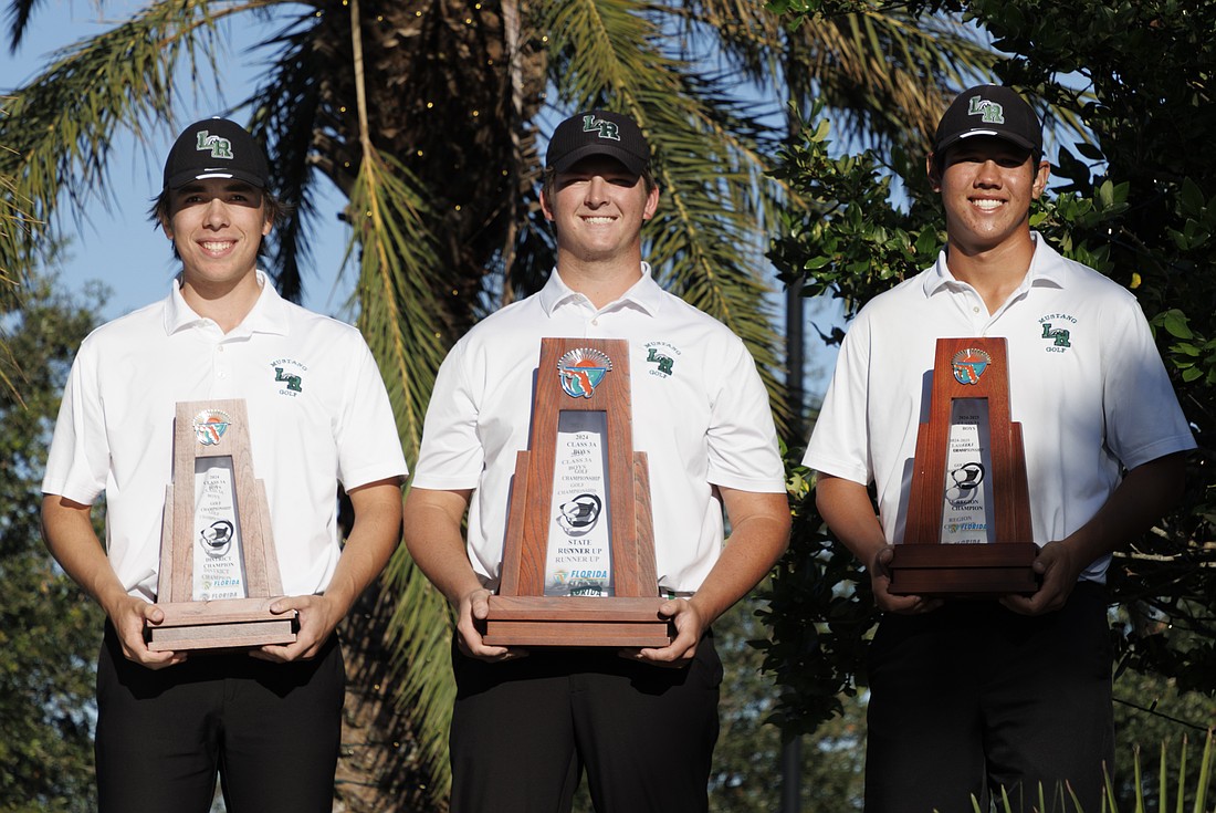 The Lakewood Ranch High boys varsity golf team finished the season with a cumulative team GPA of 3.254. Seniors (from left to right) Luke Wilson, Henry Burbee and Parker Severs all took pride in their academics in a season that saw the Mustangs finish second in the FHSAA Class 3A state tournament in November.