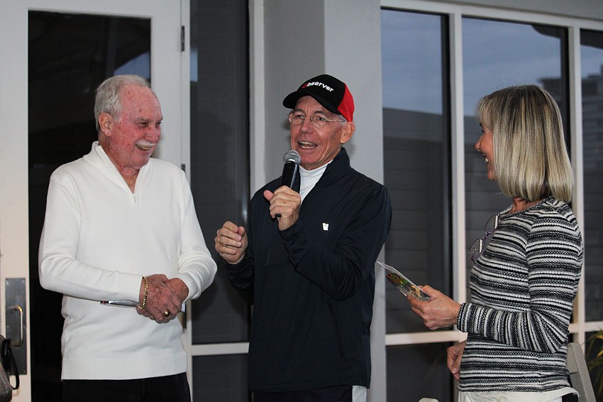 Rich McGrath and Matt Walsh thank Kay Thayer for coordinating the Observer Challenge tennis tournament for the past 25 years.