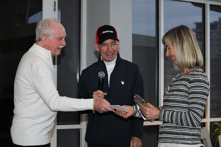 Rich McGrath and Matt Walsh thank Kay Thayer for coordinating the Observer Challenge tennis tournament for the past 25 years.
