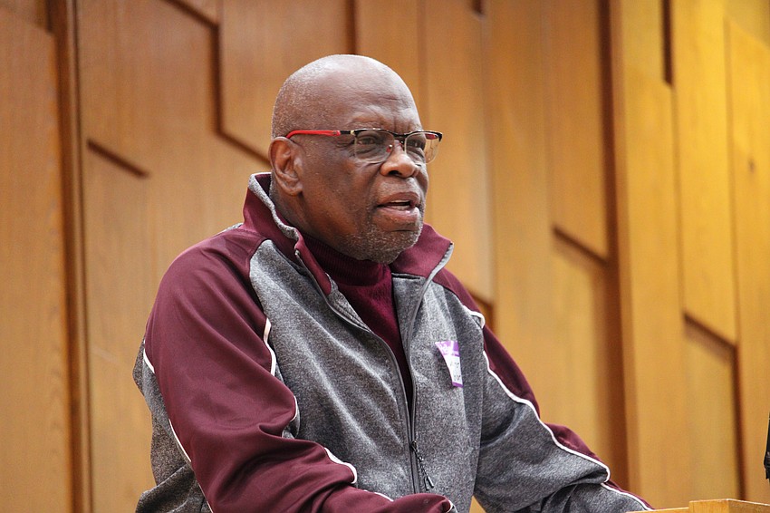 Guest speaker Walter Gilbert extolls the perseverance of Dr. Martin Luther King Jr. during the Friday Shabbat service at Temple Beth Israel.