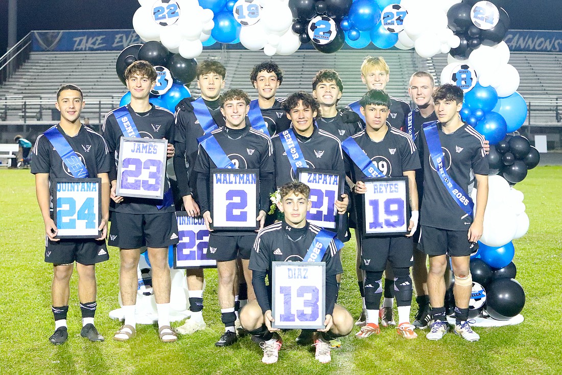 The Matanzas boys soccer team celebrated their 12 seniors on Jan. 17. Back row: Lonso Quintana, Hunter James, Ayden Vinnicombe, Davi Nunes dos Santos, Sebastian De Leon, Kai Bonner and Keegan O’Linn. Middle row: Cohen Waltman, Angel Zapata, Cristian Reyes and Vince Ferrer. Front row: Alex Diaz. Photo by Brent Woronoff