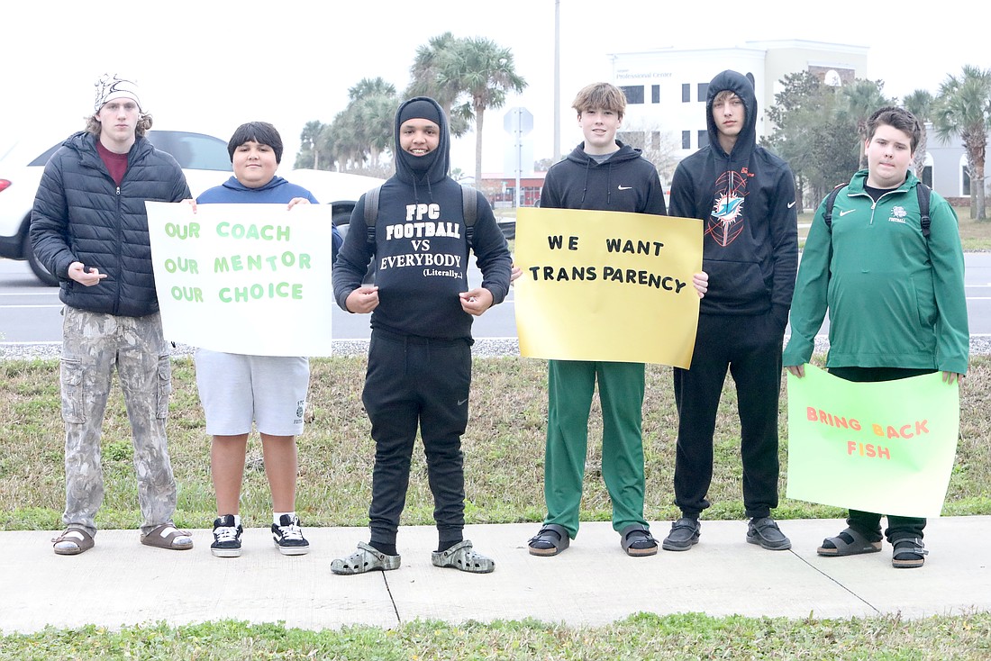 After school on Tuesday, Jan. 21, a few FPC football players protest coach Daniel Fish's dismissal. Photo by Brent Woronoff