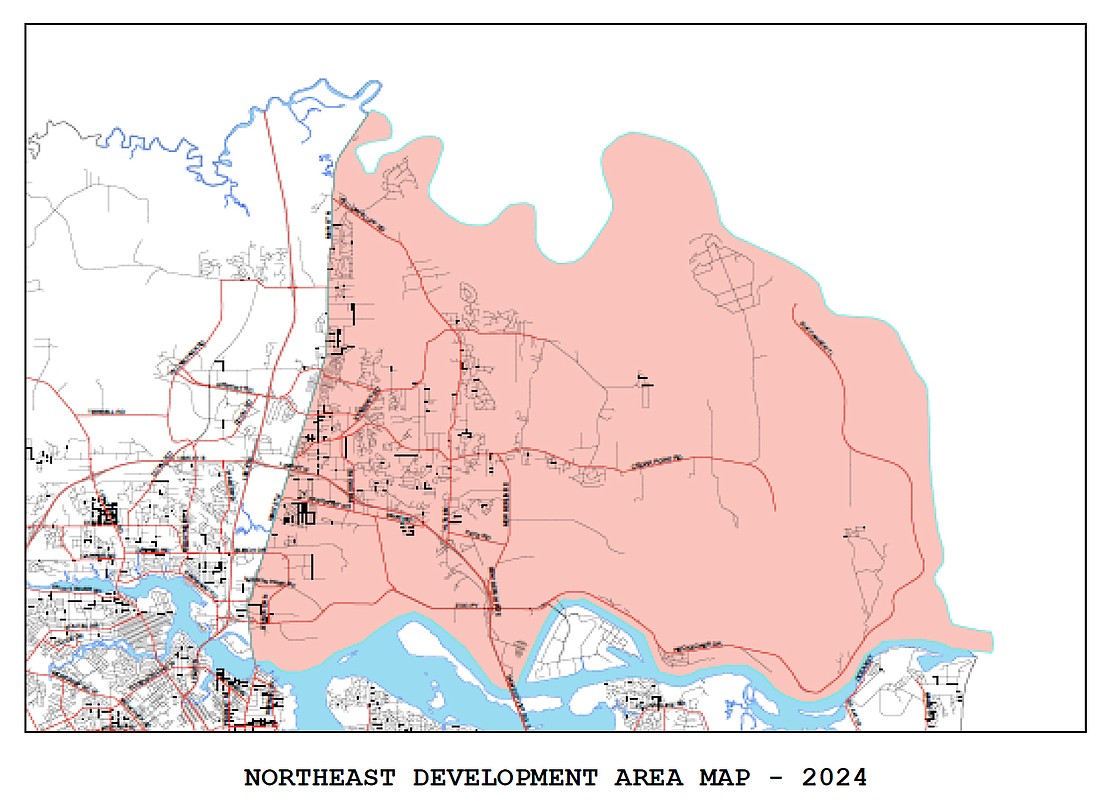 The Northeast Development Area borders are North Main Street to the west, the Duval County border to the north, the Atlantic Ocean to the east and the St. Johns River to the south.