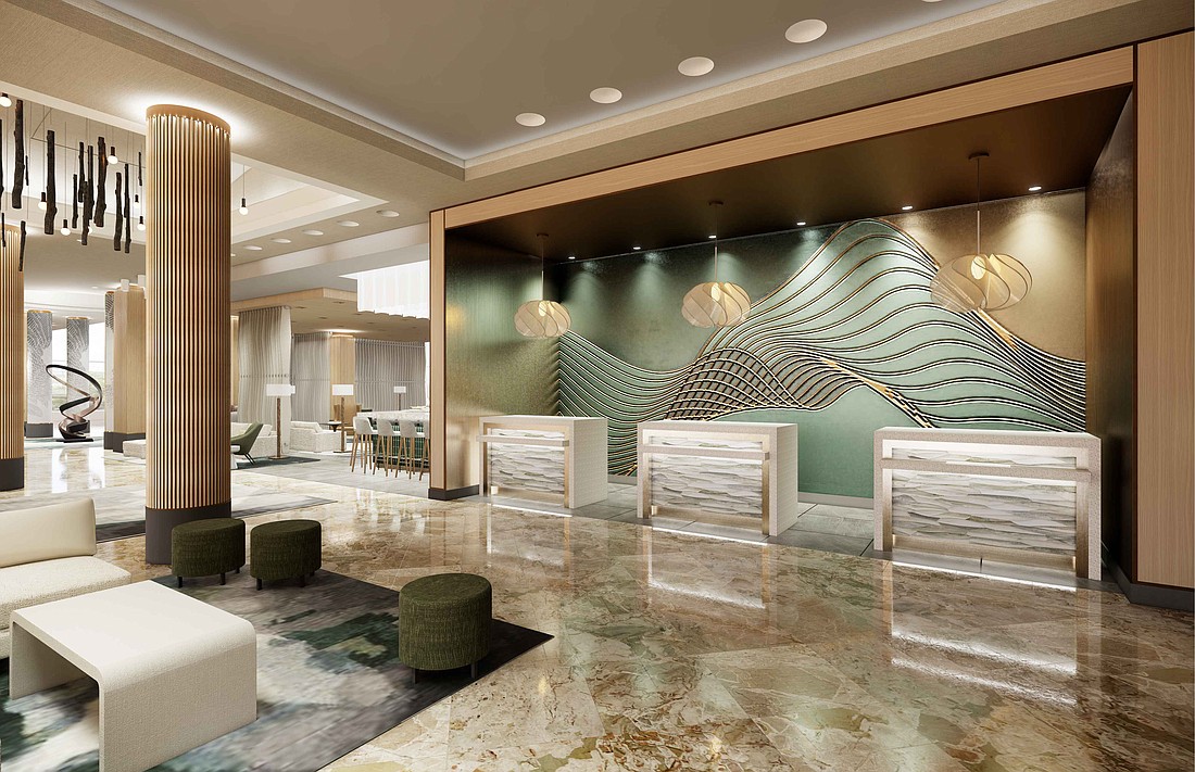 A rendering of the renovated Marriott Jacksonville Downtown shows the greatroom check-in area.