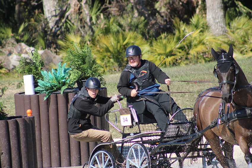 Navigator Casey Kantenwein of Myakka City balances the weight of the carriage as driver Scott Adcox of Sarasota takes a sharp turn in a hazard on Saturday in the marathon portion of the Combined Driving event at TerraNova.