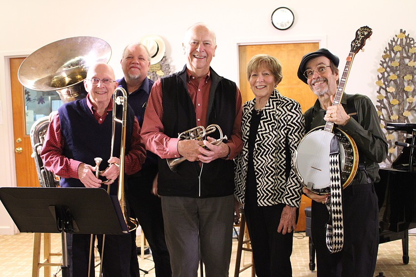 From left, Charles Bornemann, Kid Dutch, Lew Green, Mary Green and Paul Scavarda perform at a New Orleans jazz night.