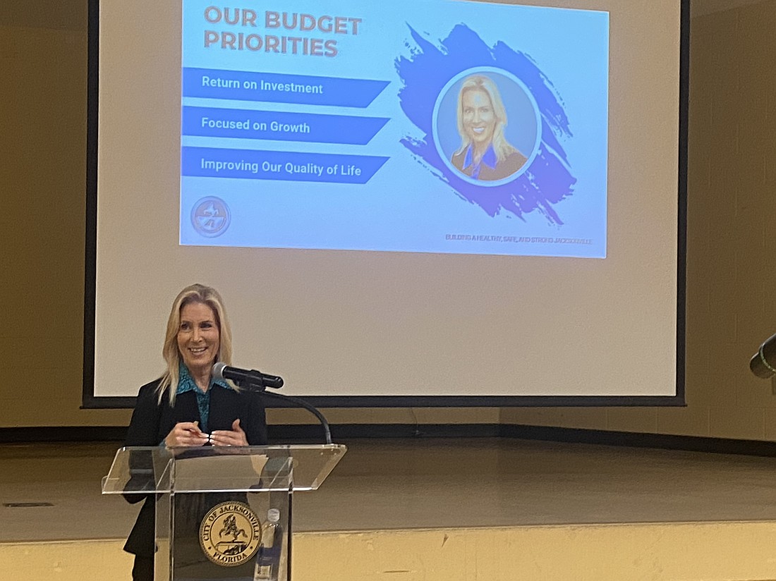 Jacksonville Mayor Donna Deegan speaks at her city budget town hall meeting at the Legends Center on Jan. 27.