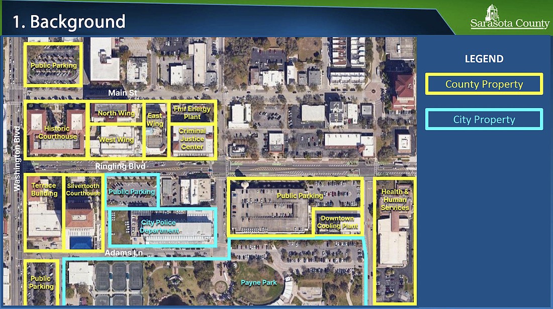 The Sarasota County criminal justice campus area map shows city- and county-owned parcels.