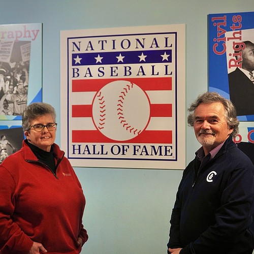 Tracy Halcomb, left, and H. James Gilmore at the National Baseball Hall of Fame where their documentary premiered last year. Courtesy photo