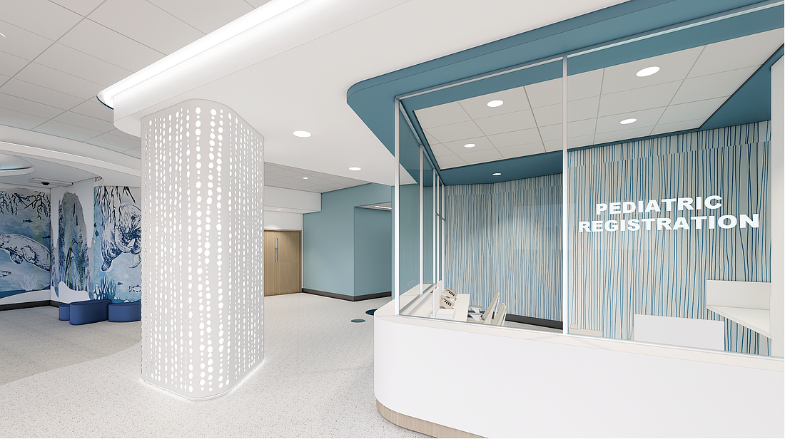 A rendering of a pediatric registration area in the planned four-story emergency tower addition at Baptist Medical Center Jacksonville and Wolfson Children’s Hospital campus on Prudential Drive.