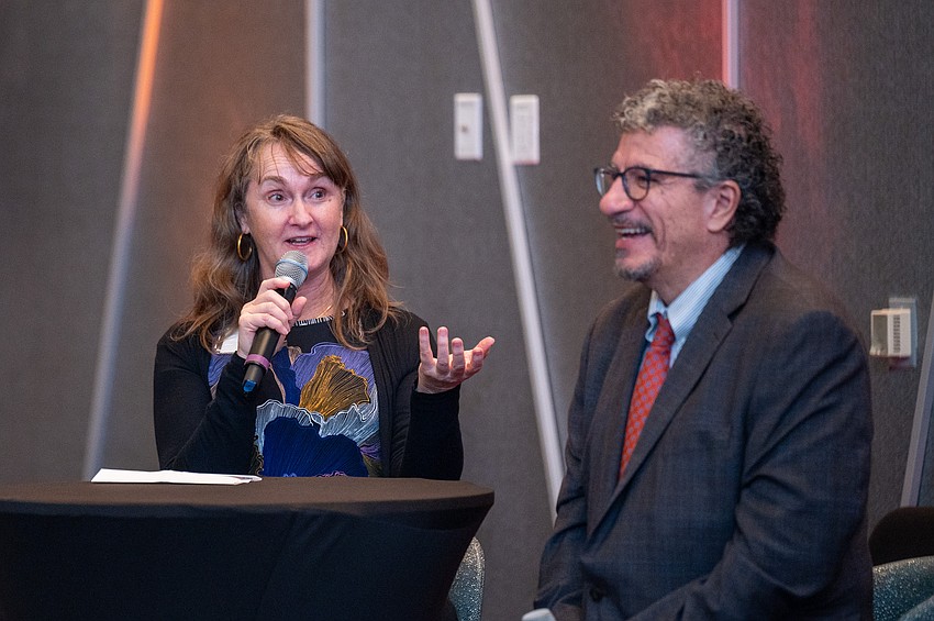 VP of Artistic Operarions RoseAnne McCabe moderates a discussion with Music Director Designate Giancarlo Guerrero.