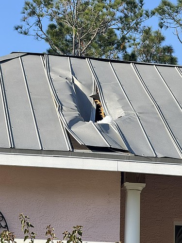 A large chunk of ice falling from the sky put a hole in the metal roof of a home in Seminole Woods on Monday, Feb. 3. Courtesy photo