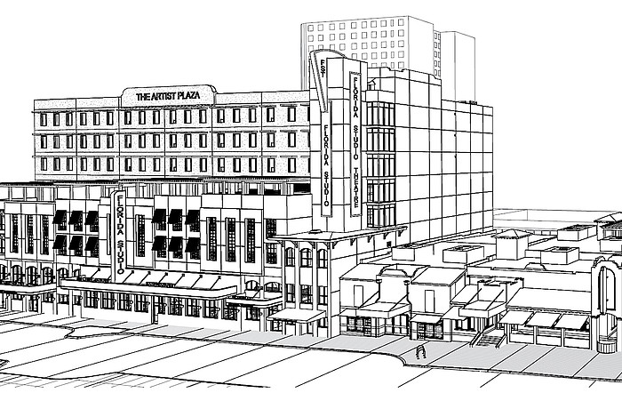A drawing shows the scale of the McGillicuddy Arts Plaza next to the existing Florida Studio Theater facilities.