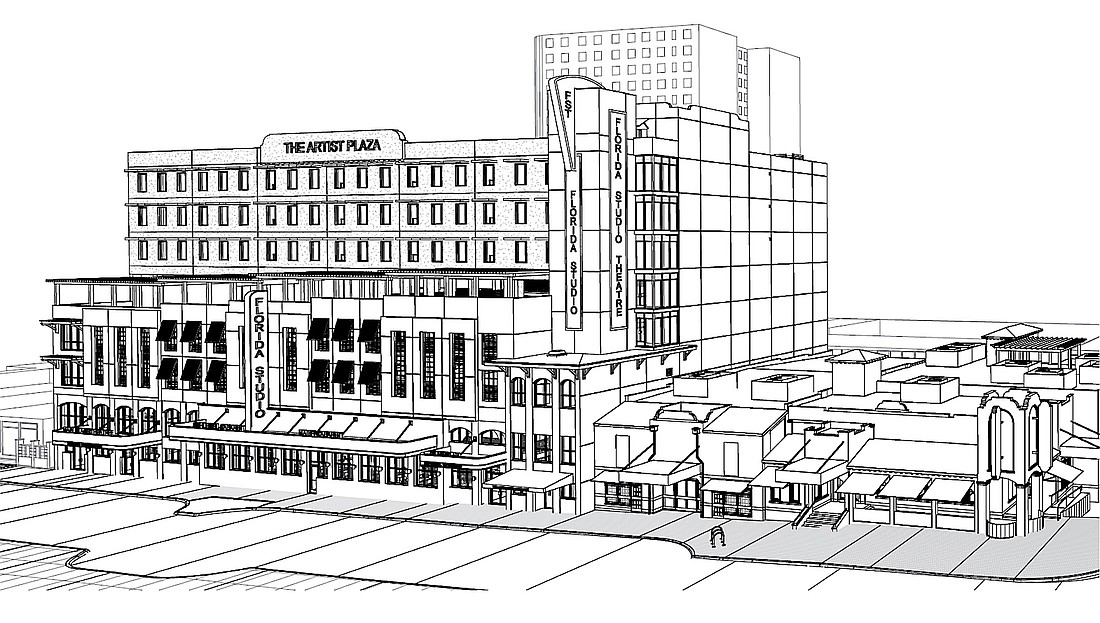 A drawing shows the scale of the McGillicuddy Arts Plaza next to the existing Florida Studio Theater facilities.